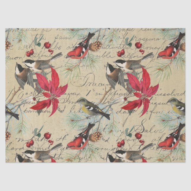 Papier Mousseline Découpage Oiseaux de Noël et Poinsettia (Recto)