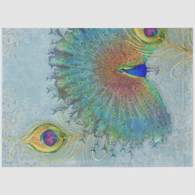 Papier Mousseline Découpage Peacock Dusty Bleu Turquoise Plumes Vint (Recto)