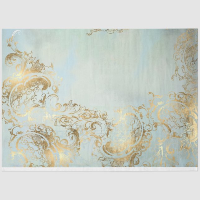 Papier Mousseline Découpage Peacock Gold et Dusty Blue (Recto)