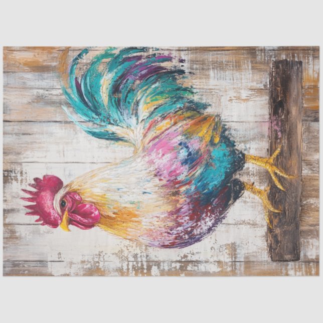 Papier Mousseline Découpage Peinture Oi Whimsical Rooster Rouge Turq (Recto)