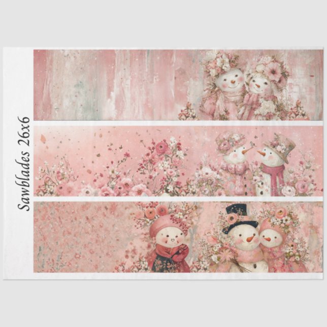 Papier Mousseline Decoupage Pink Floral Snowman Handsaw Panels  (Recto)