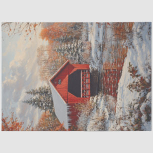 Papier Mousseline Découpage Pont couvert rouge Scène hivernale
