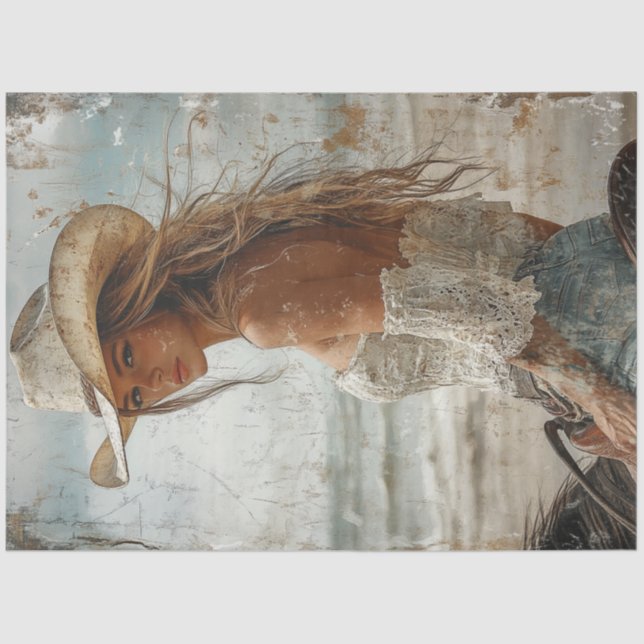 Papier Mousseline Découpage Porté Photo de Blonde Cowgirl sur Cheval (Recto)