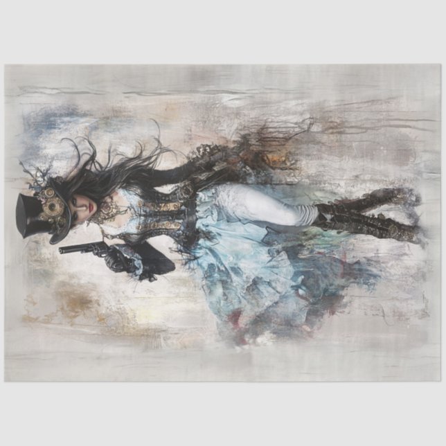 Papier Mousseline Découpage Robe Occidentale Dame Steampunk Bleu (Recto)