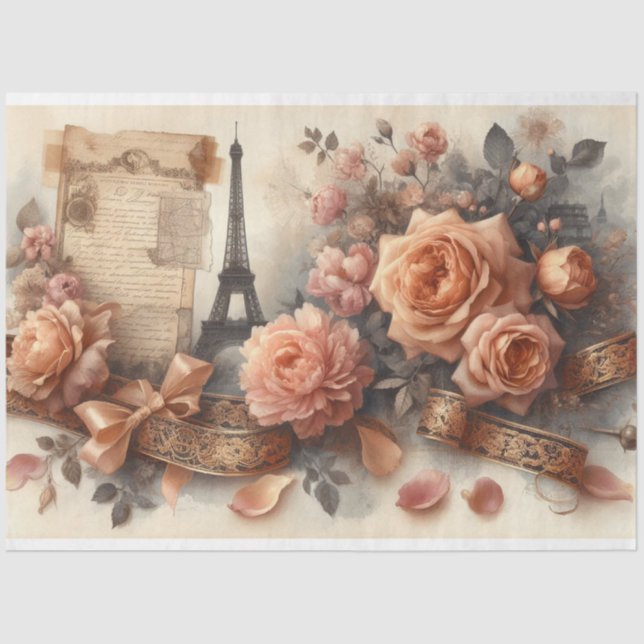 Papier Mousseline Découpage romance Tour Eiffel Rose (Recto)