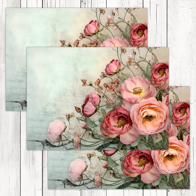 PAPIER MOUSSELINE DÉCOUPAGE ROSE SHABBY ROMANTIQUE (ROMANTIC SHABBY ROSES DECOUPAGE TISSUE PAPER)