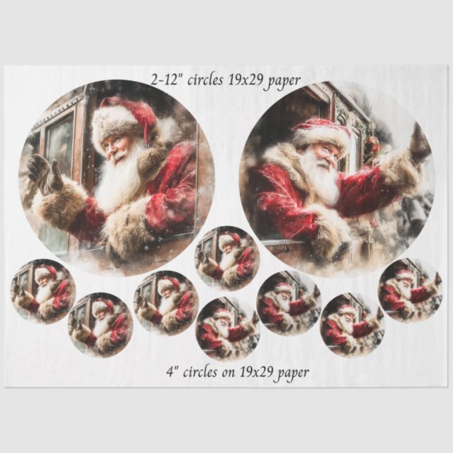 Papier Mousseline Decoupage Santa Waving From Train 12 & 4" Circles  (Recto)