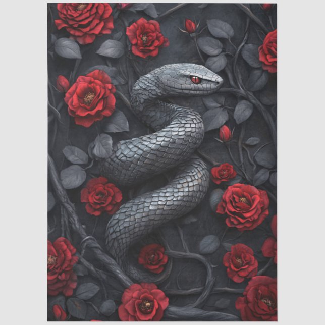 Papier Mousseline Decoupage Serpent Gothique et Roses (Recto)