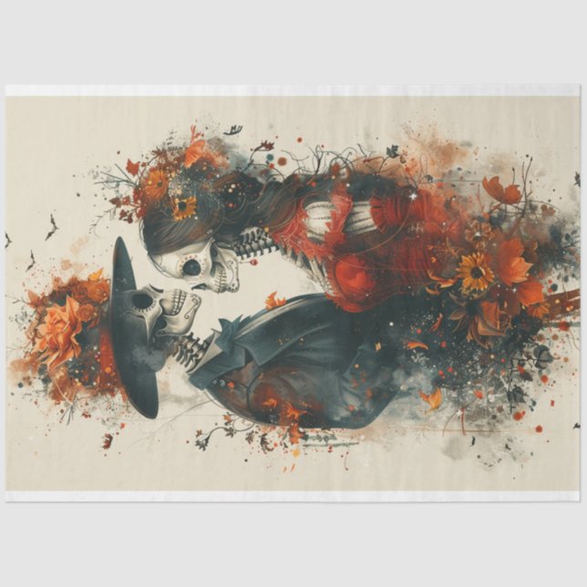 Papier Mousseline Découpage Skeleton Couple Victor & Eliza en rouge (Recto)