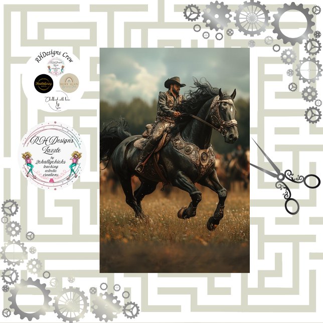 Papier Mousseline Découpage Steampunk Cowboy Cheval Rodeo (Créateur téléchargé)