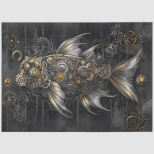 Papier Mousseline Découpage Steampunk Poisson Argent Or Metallic