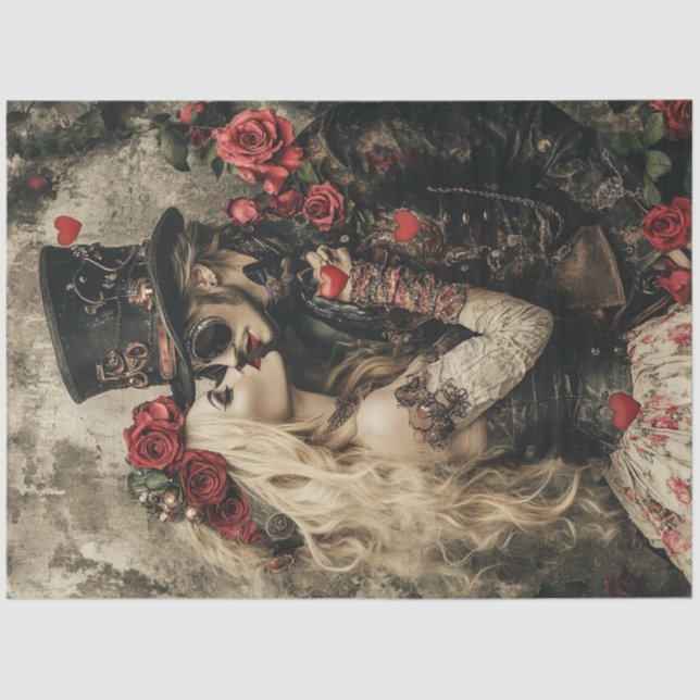 Papier Mousseline Découpage Steampunk Valentine Couple Rouge Noir (Recto)