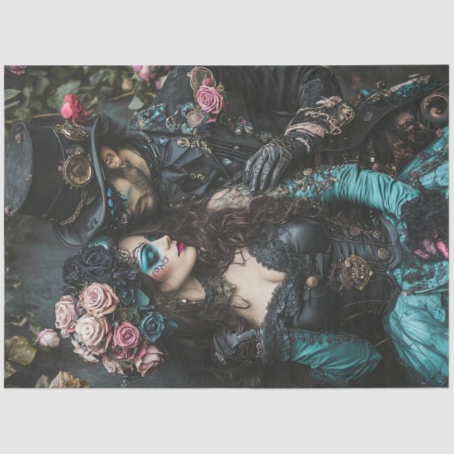 Papier Mousseline Découpage Steampunk Valentine Couple Turquoise Noi (Recto)