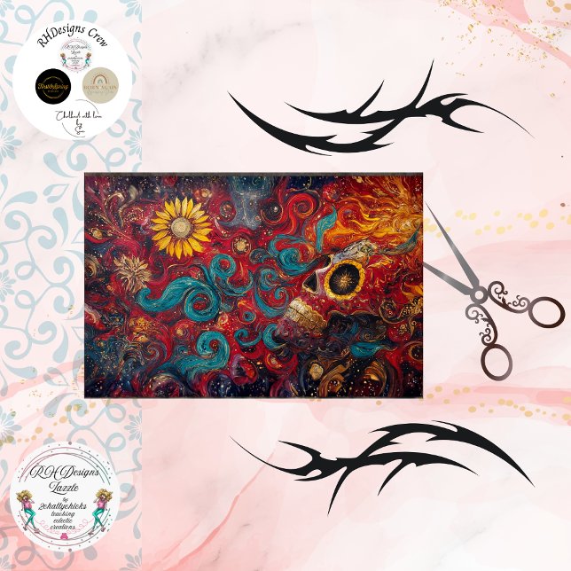 Papier Mousseline Decoupage Sunflower Gothic Skull Cosmic Art  (Créateur téléchargé)