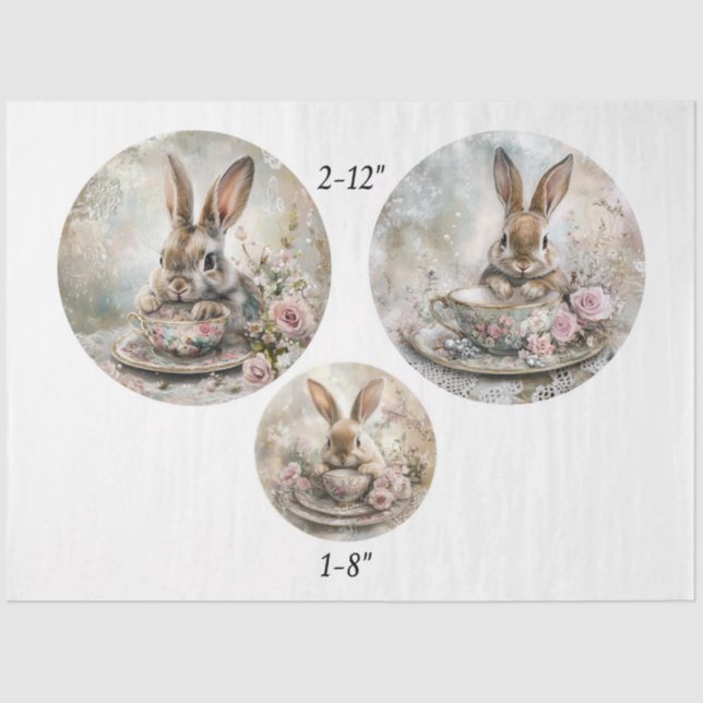 Papier Mousseline Decoupage Teacup Rabbit 12" & 8" Rounds  (Recto)