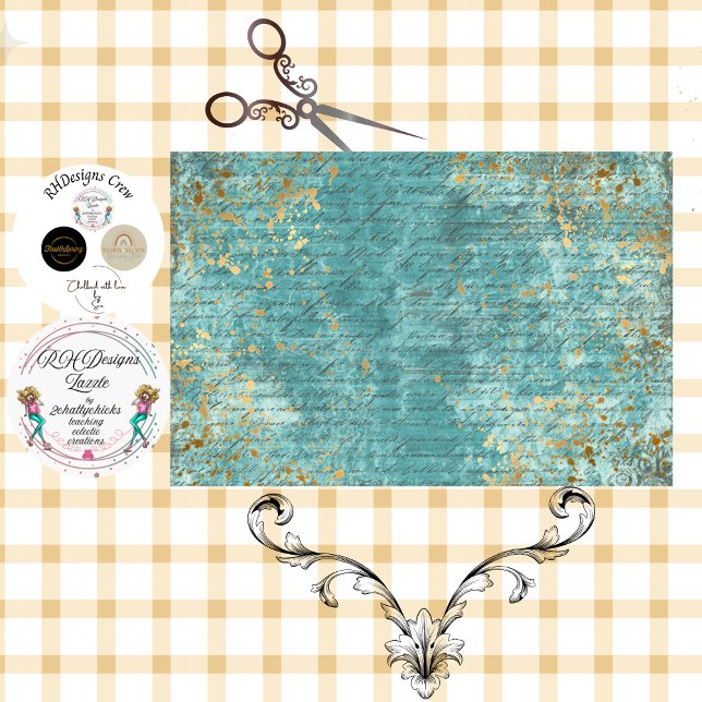 Papier Mousseline Decoupage Teal Gold Textured Faux Background  (Créateur téléchargé)