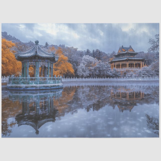 Papier Mousseline Découpage temple du pavillon de jardin chinois Whi (Recto)