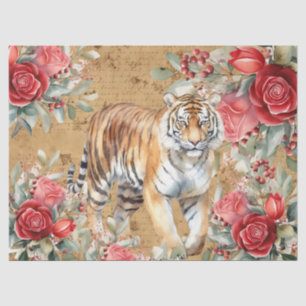 Papier Mousseline Découpage Tigre vintage et Roses rouges