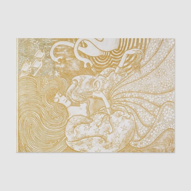 Papier Mousseline Decoupage Tissue Paper Woman Swan Art Gold Yellow  (Recto)
