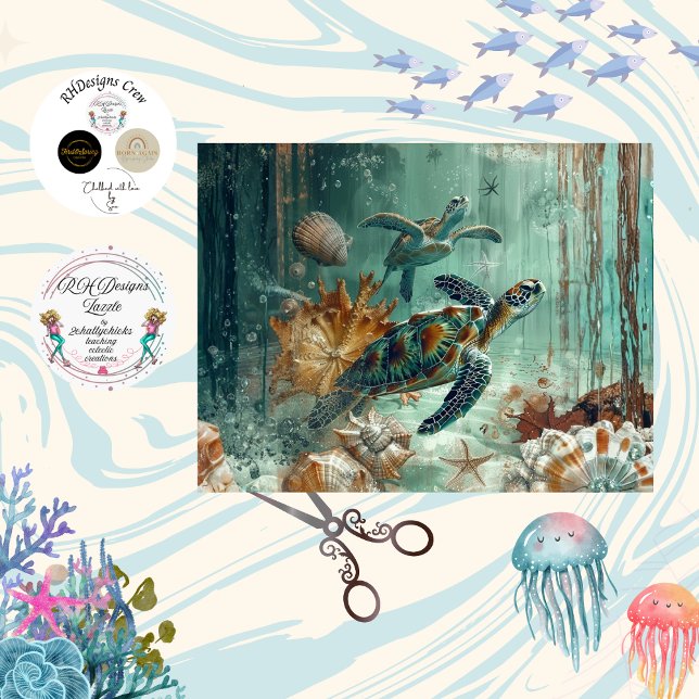 Papier Mousseline Decoupage Tortue de Mer Nature Côtière Teals Verts (Créateur téléchargé)