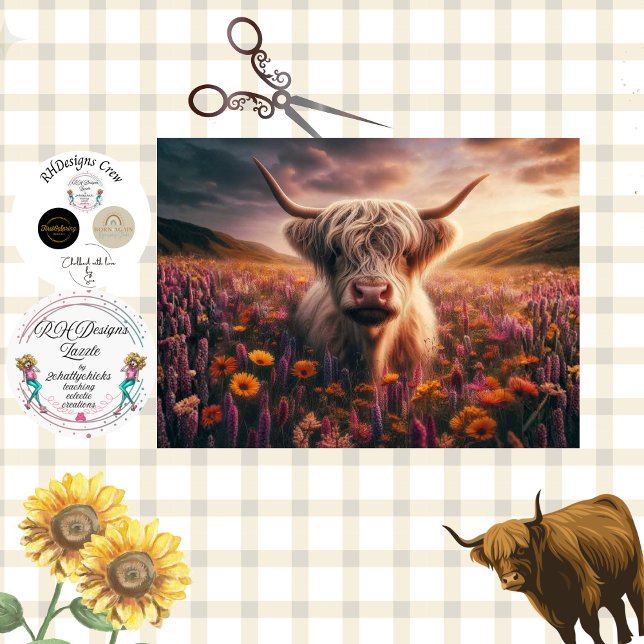 Papier Mousseline Decoupage Vache Highland Coucher de soleil Fleurs  (Créateur téléchargé)