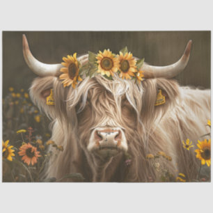 Papier Mousseline Découpage Vache Highland Laying Fleurs de soleil