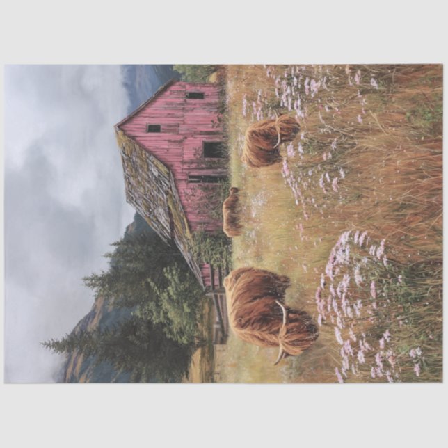 Papier Mousseline Découpage Vaches de haute terre Champs luxuriants  (Recto)