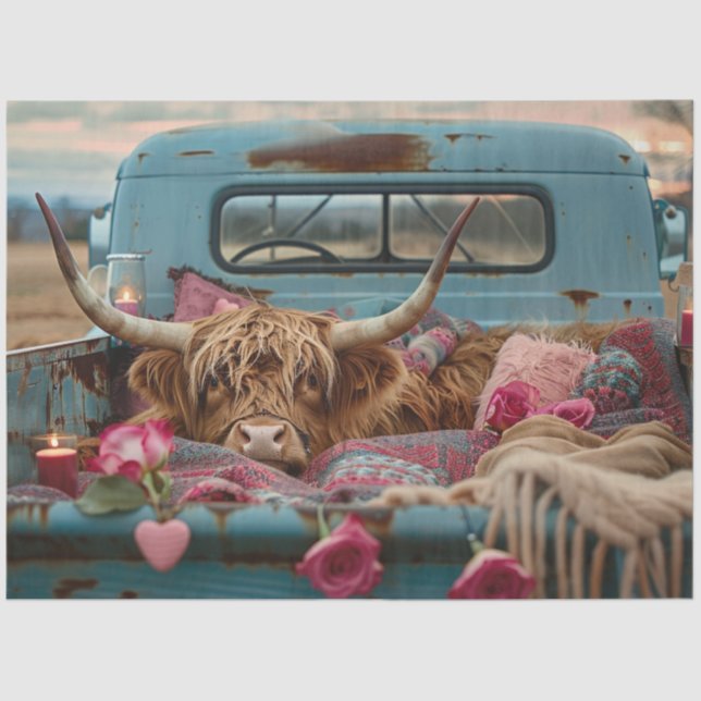 Papier Mousseline Découpage Valentine Highland Vache Camion Vintage (Recto)