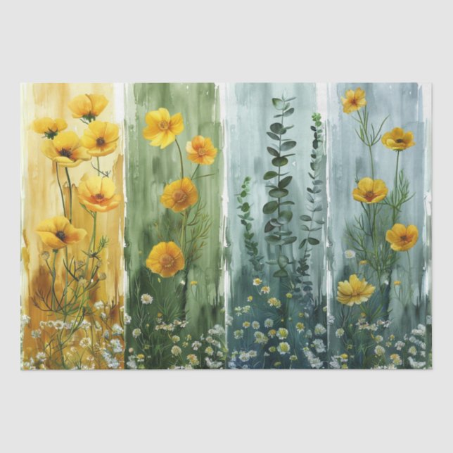 Papier Mousseline Découpage Vert Jaune Bleu teintes de Fleurs (Recto)