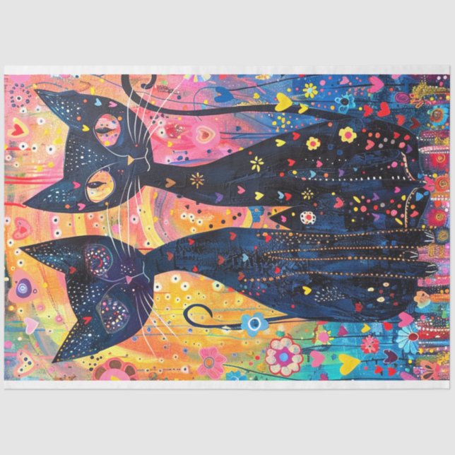 Papier Mousseline Découpage Vibrant rose jaune chats Art Pièce (Recto)