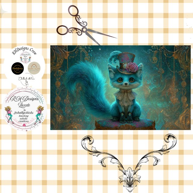 Papier Mousseline Decoupage Victorian Blue Teal Fantasy Fox  (Créateur téléchargé)