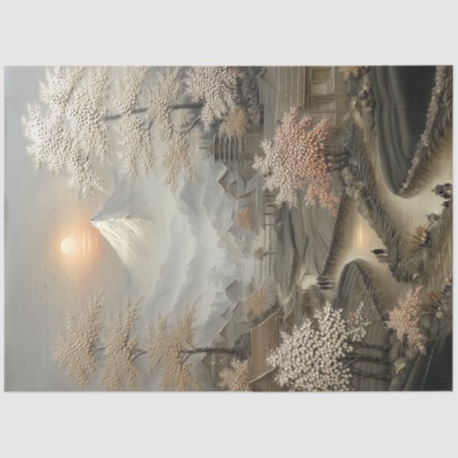 Papier Mousseline Découpage Village chinois Mont Fuji (Recto)