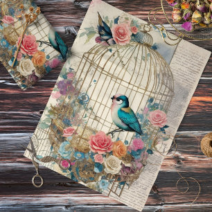 Papier Mousseline Découpage vintage d'oiseaux en cage et de fleurs