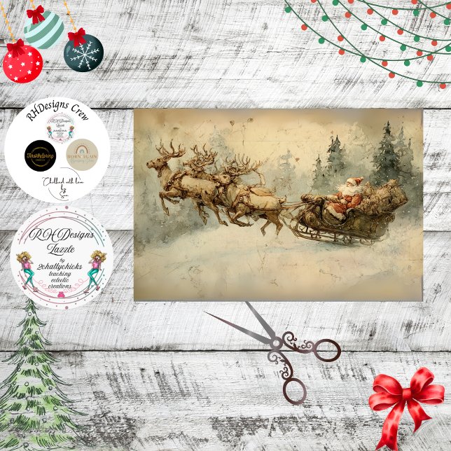 Papier Mousseline Decoupage Vintage Santa Sleigh Postcard  (Créateur téléchargé)