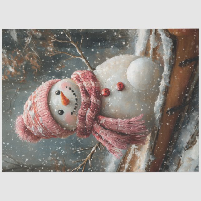 Papier Mousseline Découpage Vintage Snowman Pink Scarf (Recto)