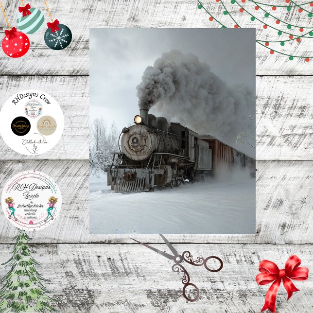 Papier Mousseline Decoupage Vintage Steam Locomotive Snow Landscape (Créateur téléchargé)