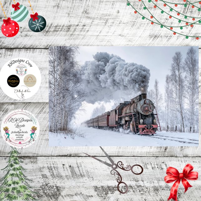 Papier Mousseline Decoupage Vintage Steam Train Locomotive Snow  (Créateur téléchargé)