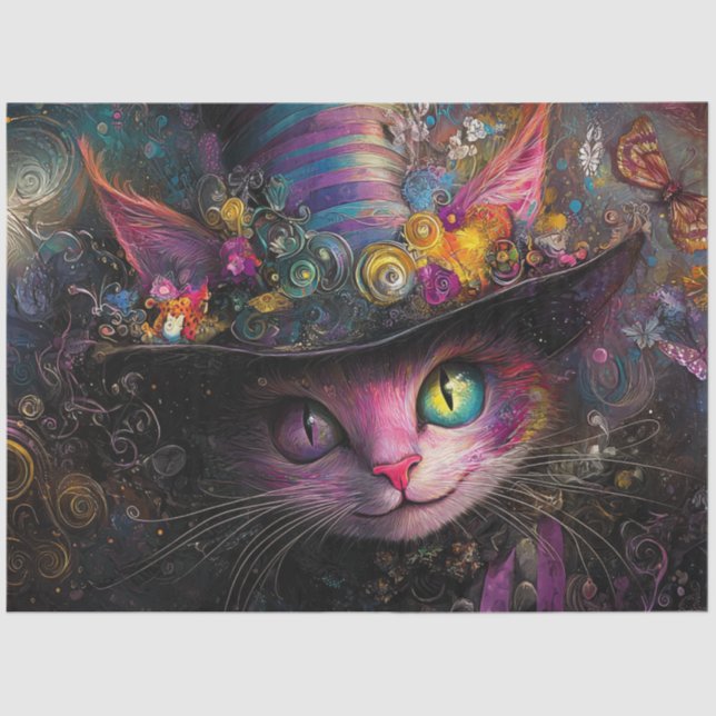 Papier Mousseline Découpage Whimsical Multicolored Chat & Casquette (Recto)