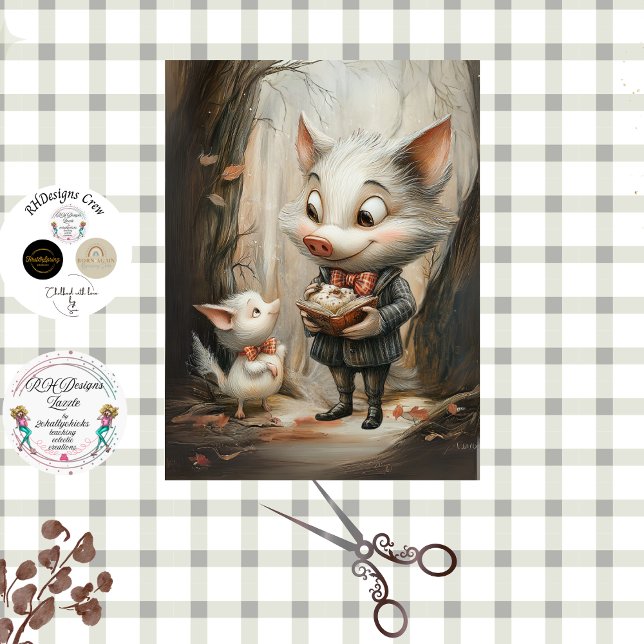 Papier Mousseline Decoupage Whimsical Pig Duo in Forest (Créateur téléchargé)