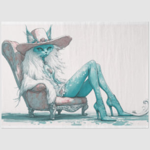 Papier Mousseline Découpage Whimsical Turquoise Chat blanc dans une 
