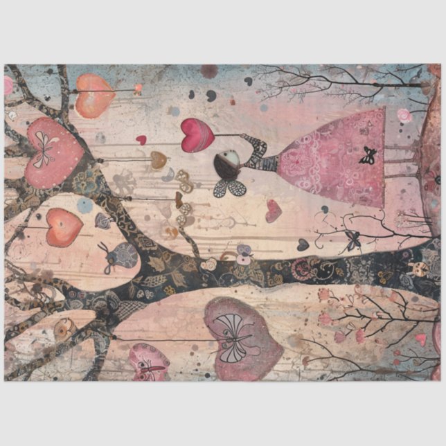 Papier Mousseline Découpage Whimsical Valentine Tree Ornements de co (Recto)