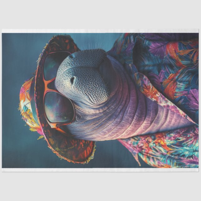 Papier Mousseline Découpage Whimsical Vibrant Coloured Beach Manatee (Recto)