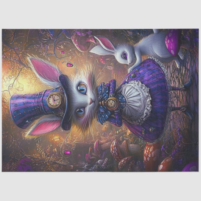 Papier Mousseline Découpage Whimsical Victorian Rabbit Gold & Purple (Recto)