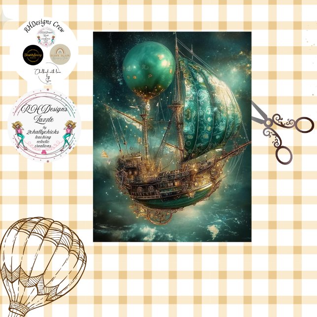 Papier Mousseline Découpage Whimsship Hot Air Balloon Greens (Créateur téléchargé)