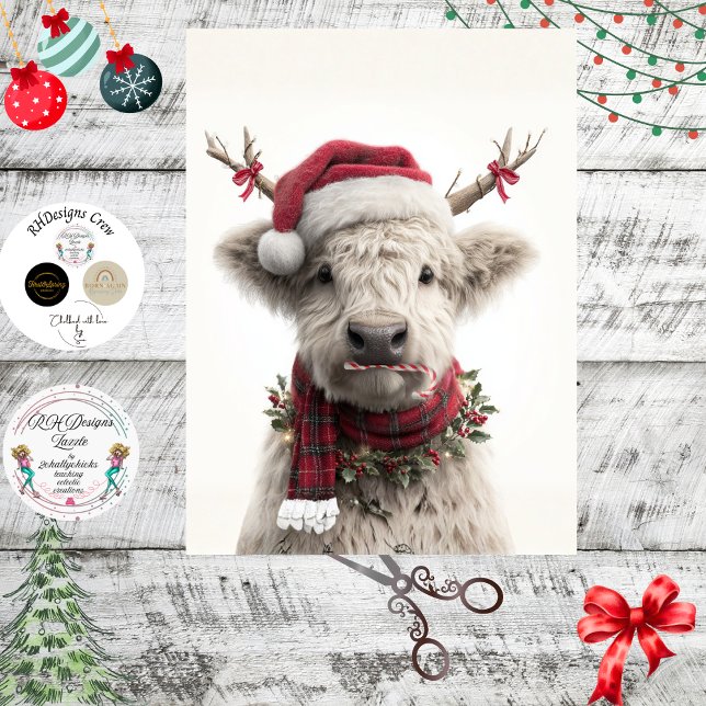 Papier Mousseline Decoupage White Highland Calf Antlers Candy Cane  (Créateur téléchargé)