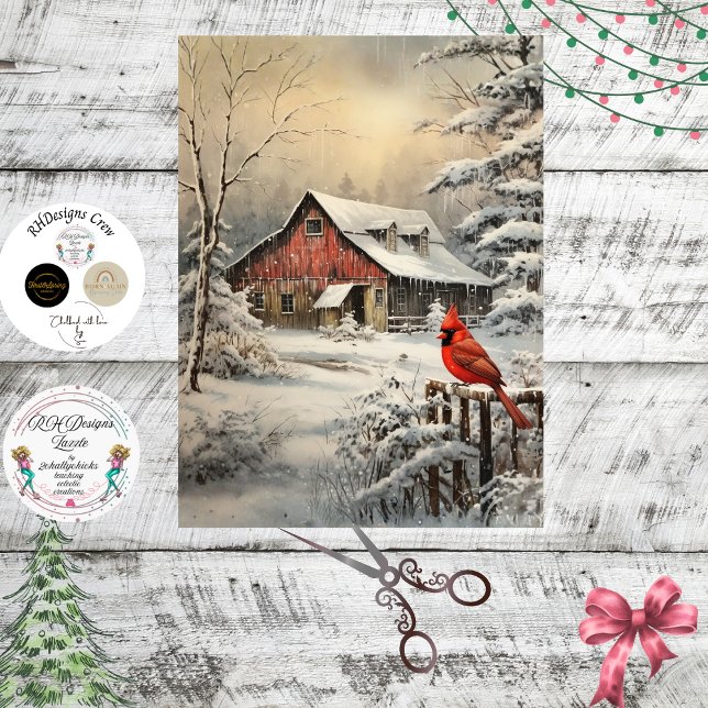 Papier Mousseline Decoupage Winter Scene Red Barn Cardinal Snow  (Créateur téléchargé)