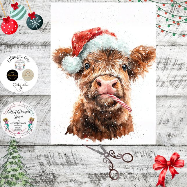Papier Mousseline Découpe de veau Highland avec chapeau de Père Noël (Créateur téléchargé)