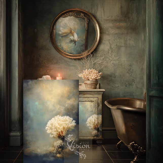 Papier Mousseline Deep Grace Cream Coral Teal Gold Seascape (Large art print beside copper clawfoot bathtub moody teal bathroom round gold mirror)