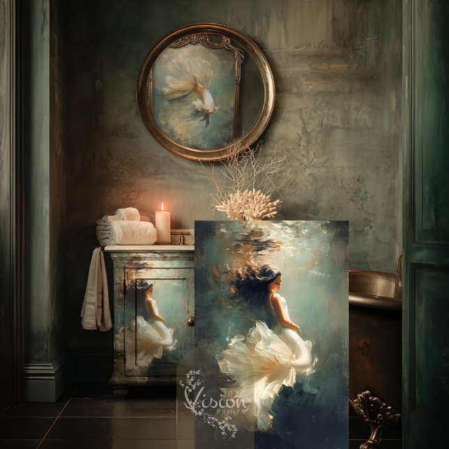 Papier Mousseline Deep Grace Ethereal Woman Teal Cream Gown (Large art print leaning against distressed vanity moody bathroom copper clawfoot bath)