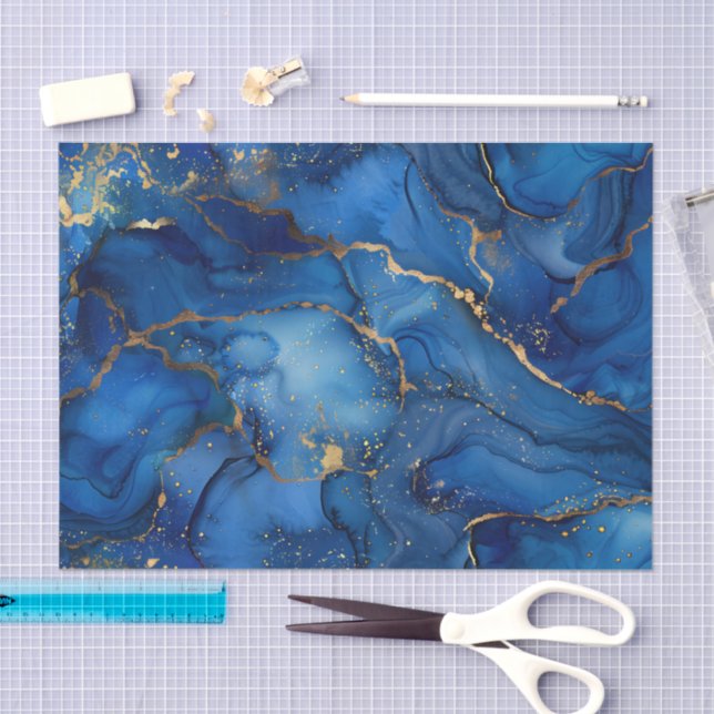 Papier Mousseline Deep Ocean Blue & Gold Watercolor Swirl Decoupage  (Artisanat)